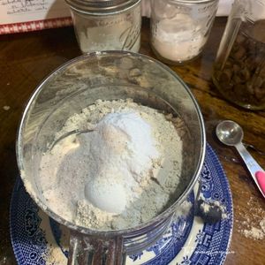 Spelt Cookies 300 2 dry ingredients in a sifter for spelt cookies with chocolate chips