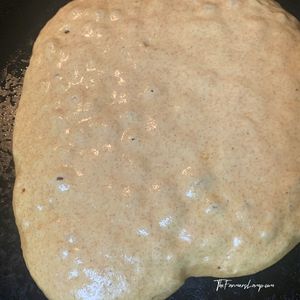 Spelt Flour Pancakes Small 3 spelt flour pancakes cooking on a cast iron griddle showing bubbles in the middle indicating it is time to flip the pancake