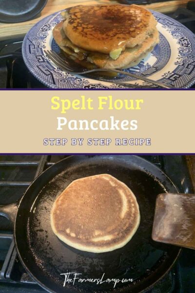 2026 TFL Pin Spelt Flour Pancake Recipe Pin showing spelt flour pancakes being cooked and stacked with syrup on a plate. Words say, "Spelt Flour Pancakes - Step by Step Recipe"