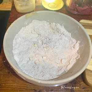 Spelt FLour Biscuits sm1 spelt flour in a stoneware bowl with butter in small pieces