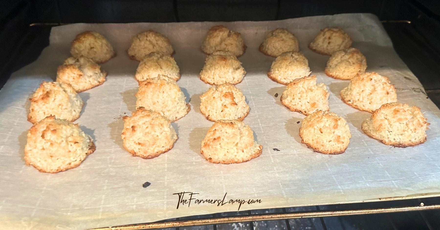 Gluten free coconut macaroons baking on sheet in the oven, golden and puffy